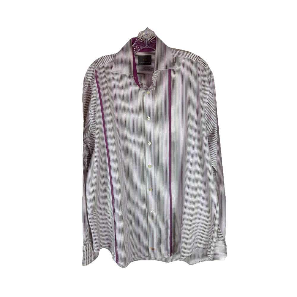 TD Thomas Dean button down Dress shirt 100% Cotton Size L Purple‎ White Striped